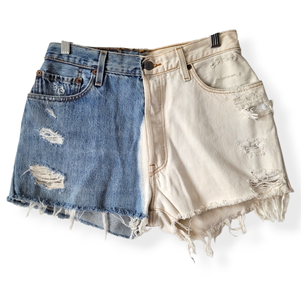 Levi's Vintage Two-Tone Distressed Jean Shorts — Blue and Cream